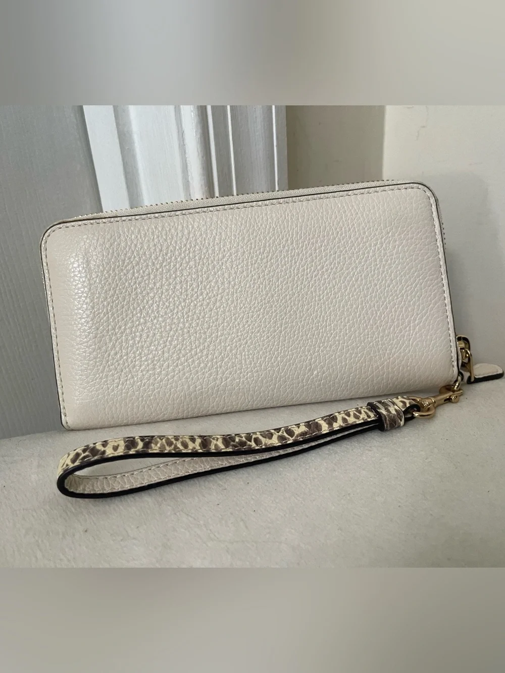 Coach Pebbled Leather Wristlet in Cream with Gold Logo
